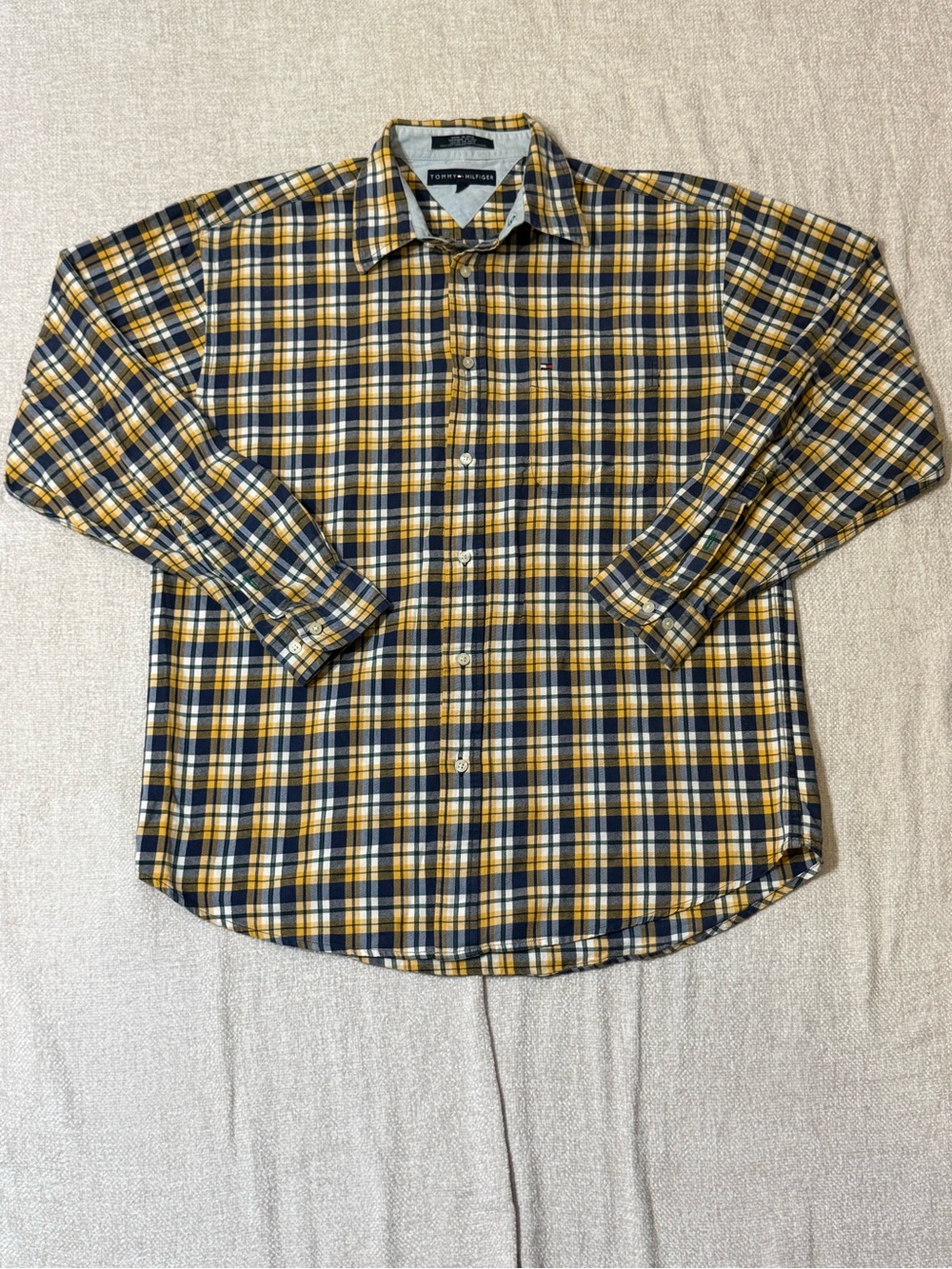 Tommy Hilfiger Plaid Shirt Mens L Navy Mustard 90s Y2K Preppy Cotton